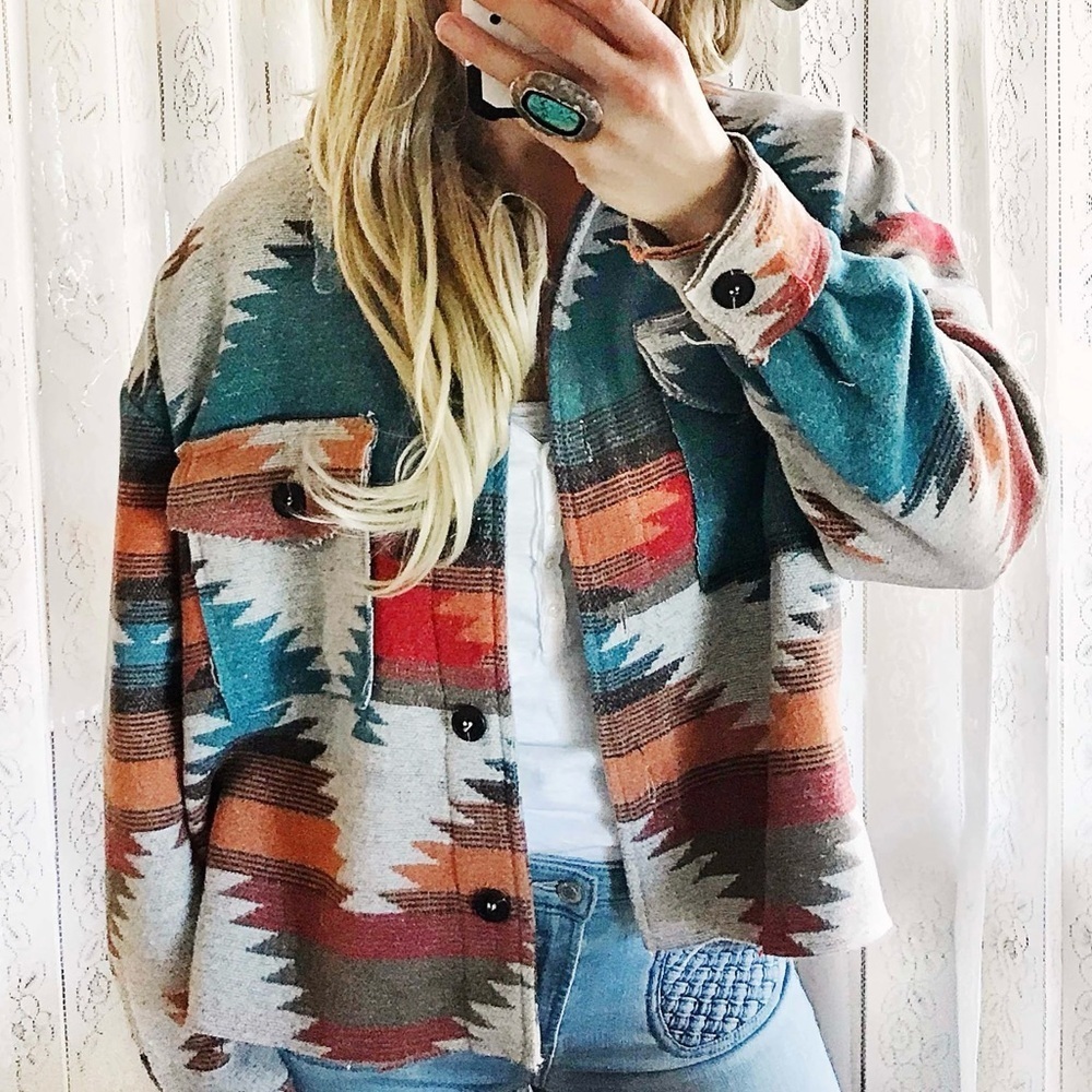 Aztec Native Rustic Boho Western Cowgirl Southwest Rodeo Shacket Jacket - M NWOT